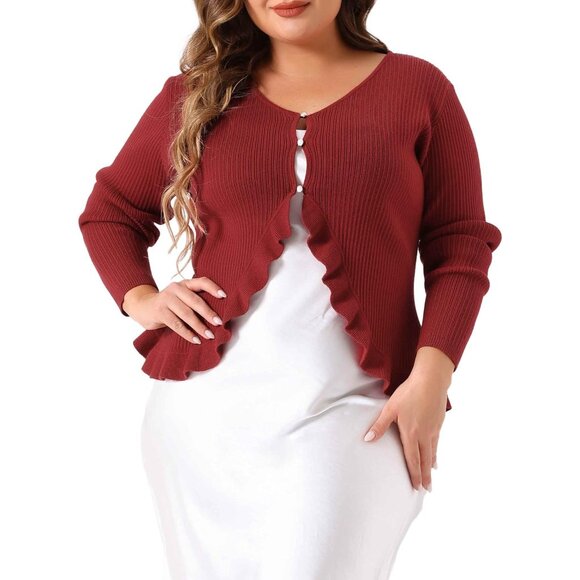 Plus Size Knit Cardigan Long Sleeve Open Front Ruffled Button Casual - Picture 1 of 5